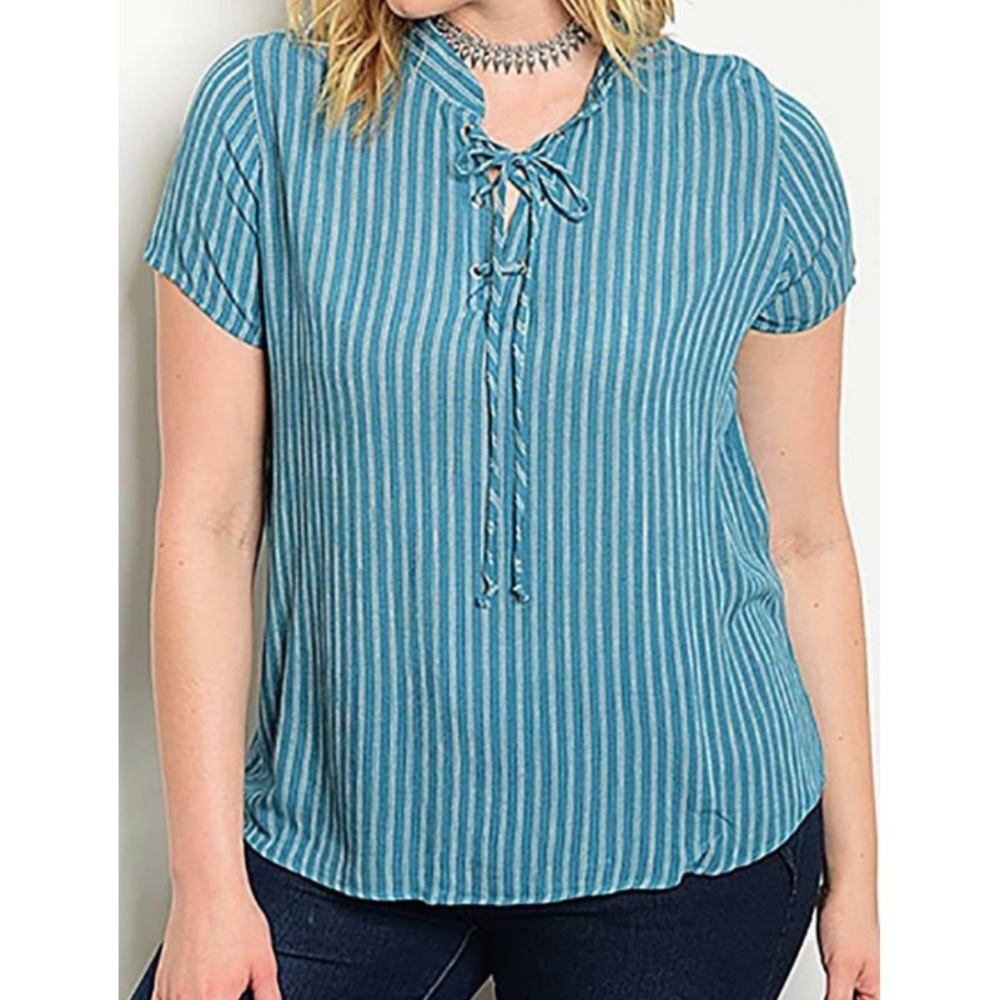 LAST 5! 💕 Short Sleeve V-Neck Strip Plus Size Top